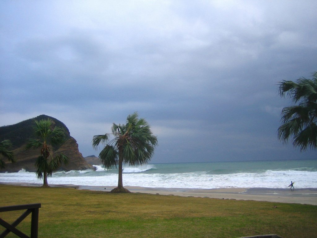 Surfing and space in Tanegashima island, Kagoshima, Japan. It is the surf point "In front of Tanegashima Iwasaki Hotel".