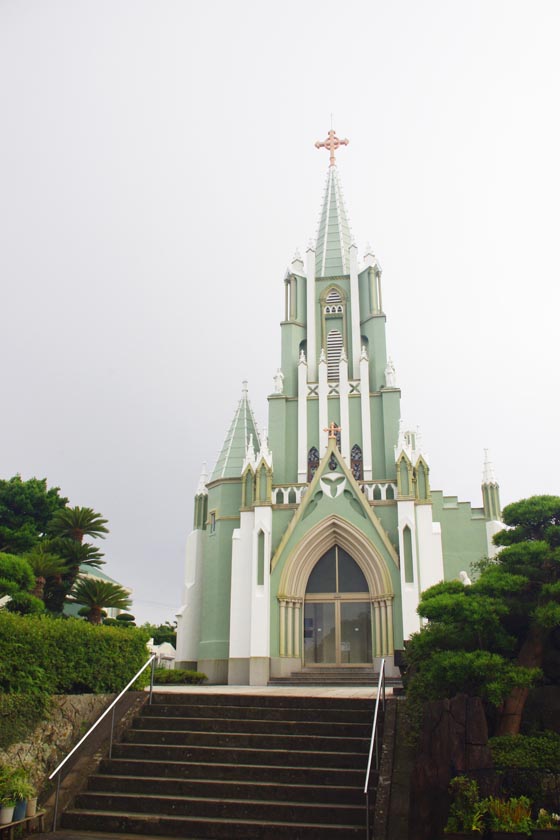 Hirado St. Francis Xavier Memorial Church is green and white colored Gothic style.