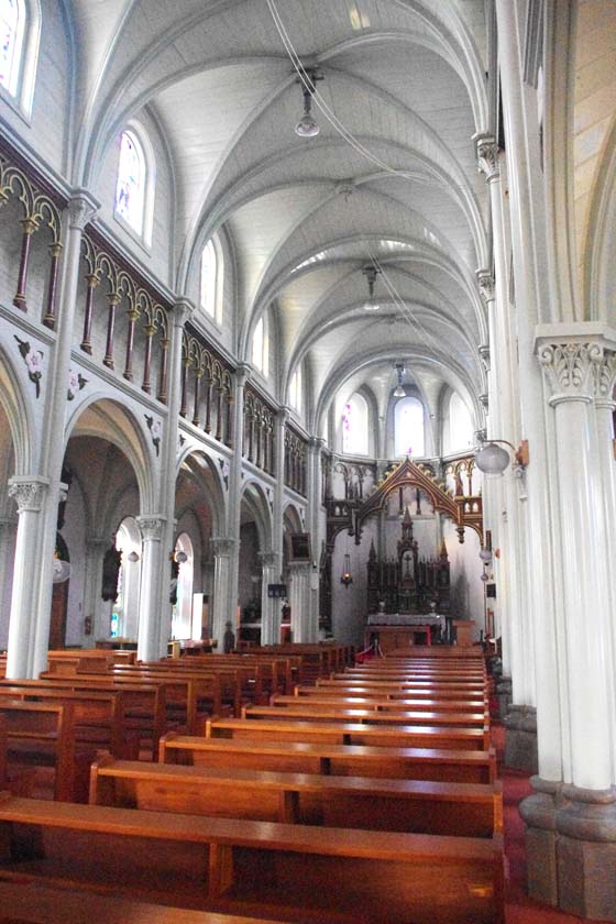 The interior of the Hirado St. Francis Xavier Memorial Church is solemn.