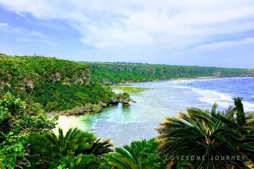 沖永良部島の海岸です。緑の木々に覆われた断崖が続き青い海とのコントラストが美しい海岸です。